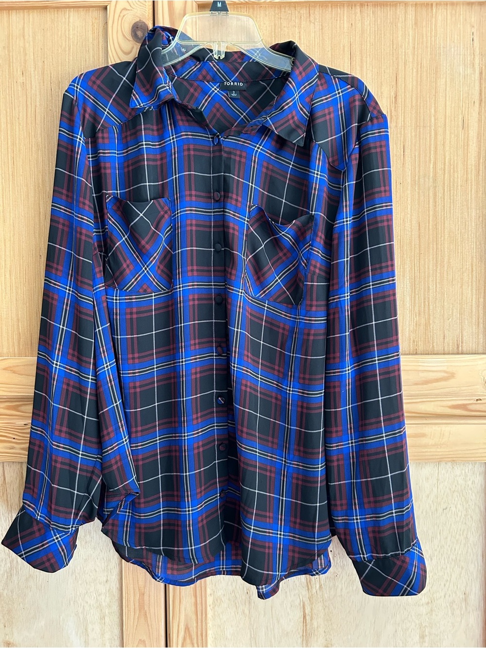 torrid Black Plaid Button-Down Shirt with Blue and Red Stripes Sz 2